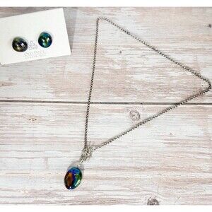 Vtg Sterling Silver Artisan Rainbow Glass Necklace And Stud Earrings Set
